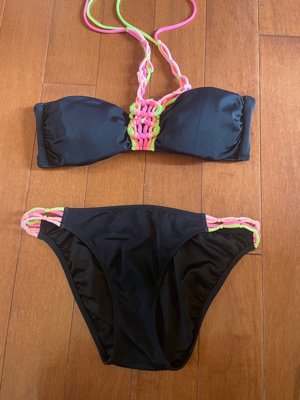 Victoria's Secret Black Bikini with Neon Pink & Neon Green Braided Accents